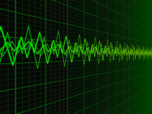 Green sound wave over fading oscilloscope graph background illustration